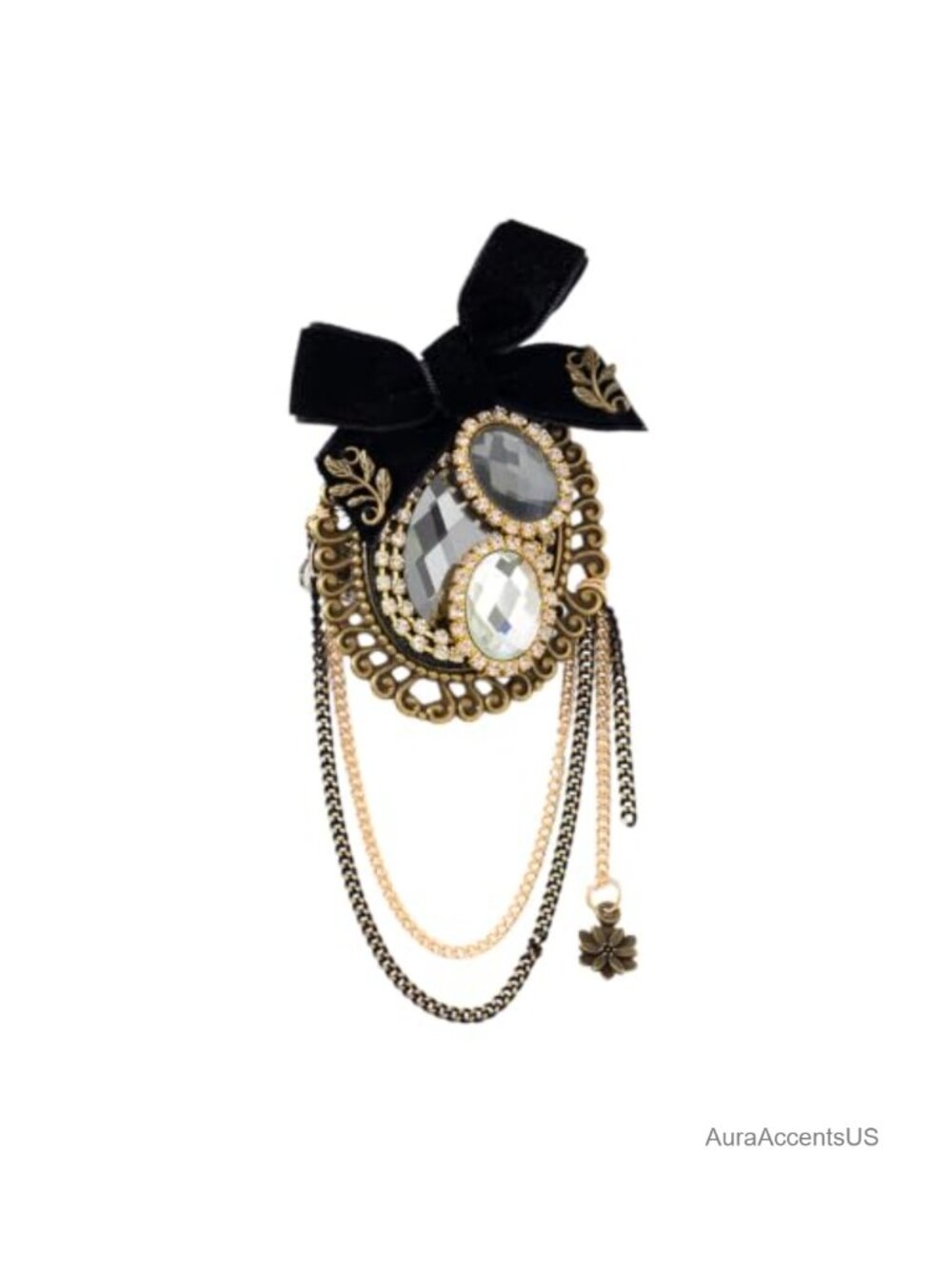 Black Velvet Bow Brooch Rhinestone Pin Women's Vintage Style Jewelry Gift